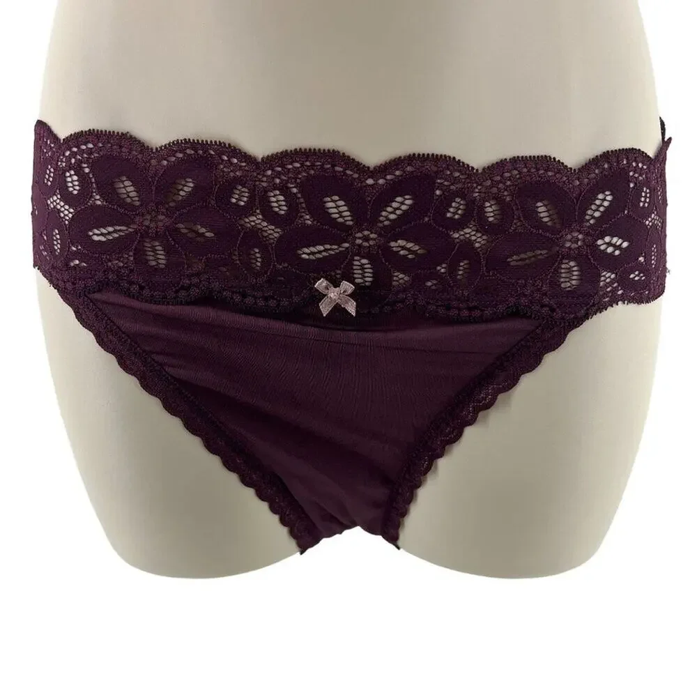 Aerie Hi Leg Deep Plum Lace Trim Panty Small